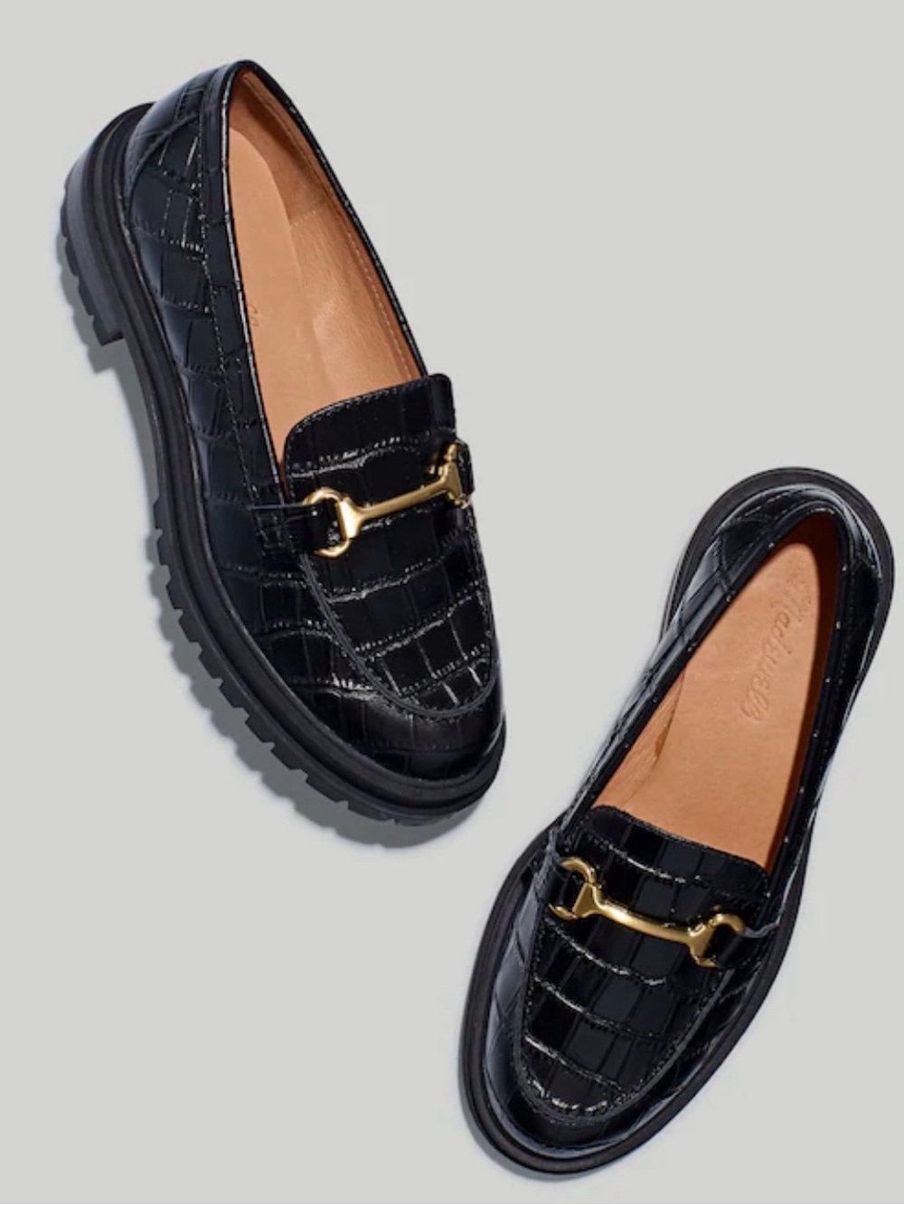 Madewell Black Croc-Embossed Leather Loafers with Gold Bit